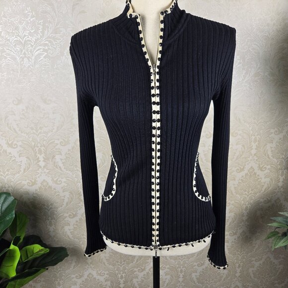 Cache Size Small Black Cream Zip Front Cardigan Black Crystal Trim Ribbed - Picture 1 of 13